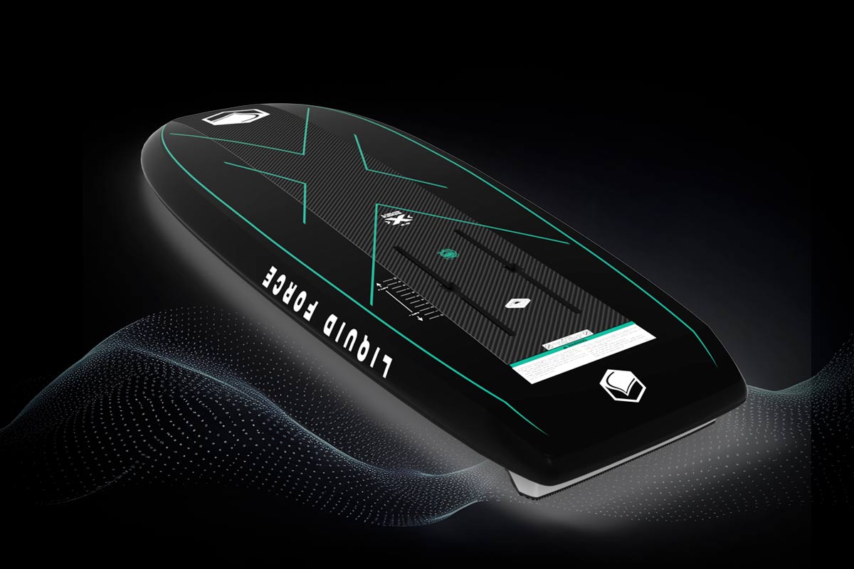 Top view of black Liquid Force foil board with teal accents and mounting track system.