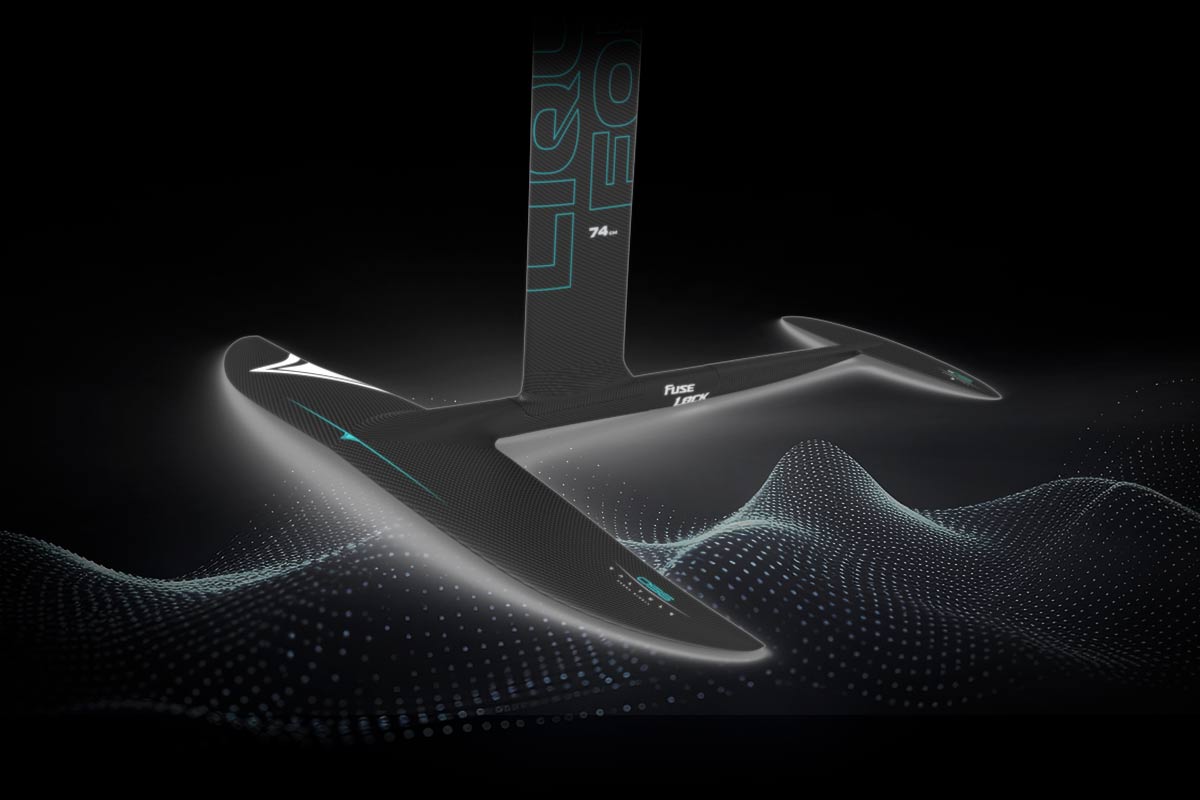 Angled view of Liquid Force Fuselock foil set with black carbon wings and teal graphics.