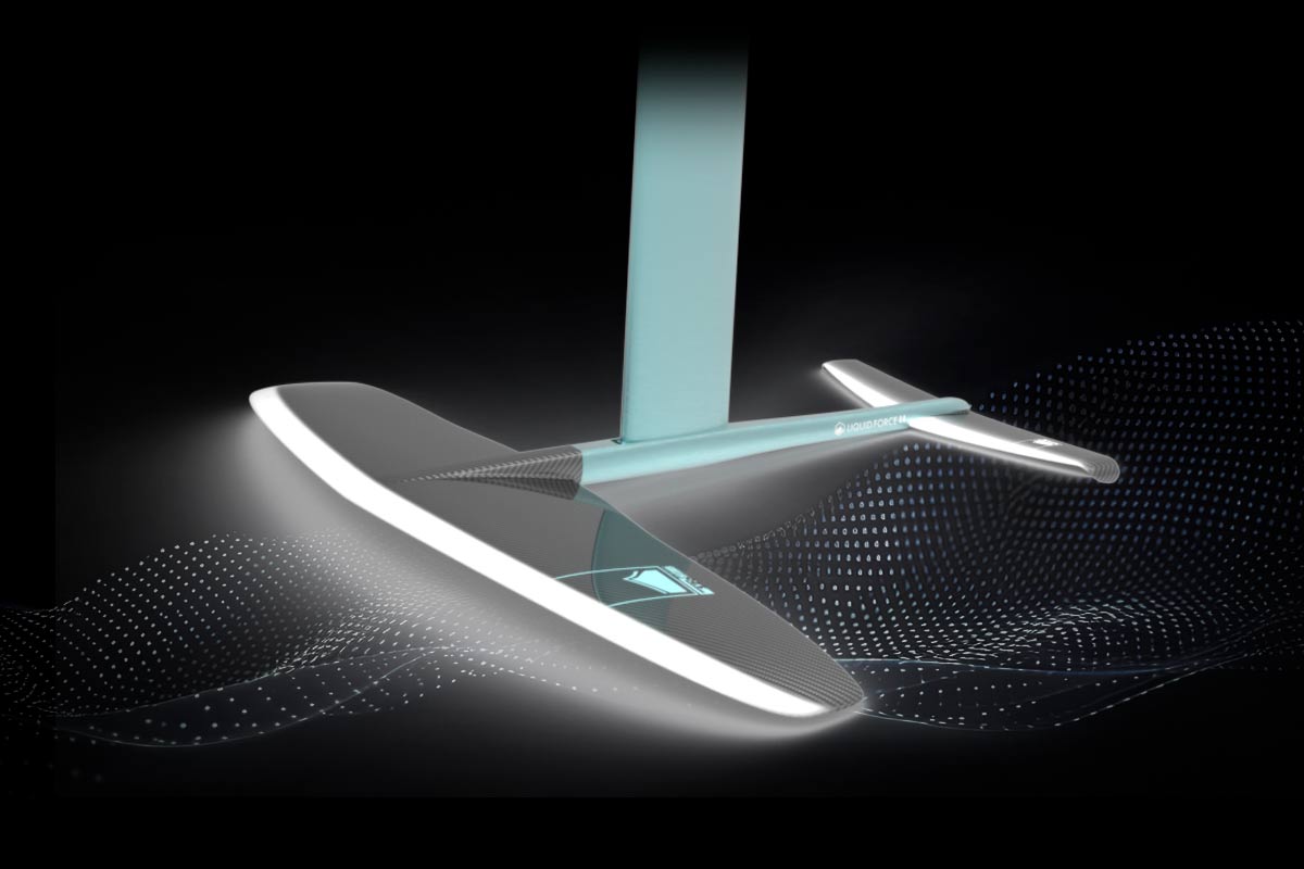 Side view of Liquid Force foil set with aqua mast and black wings on dark digital background.