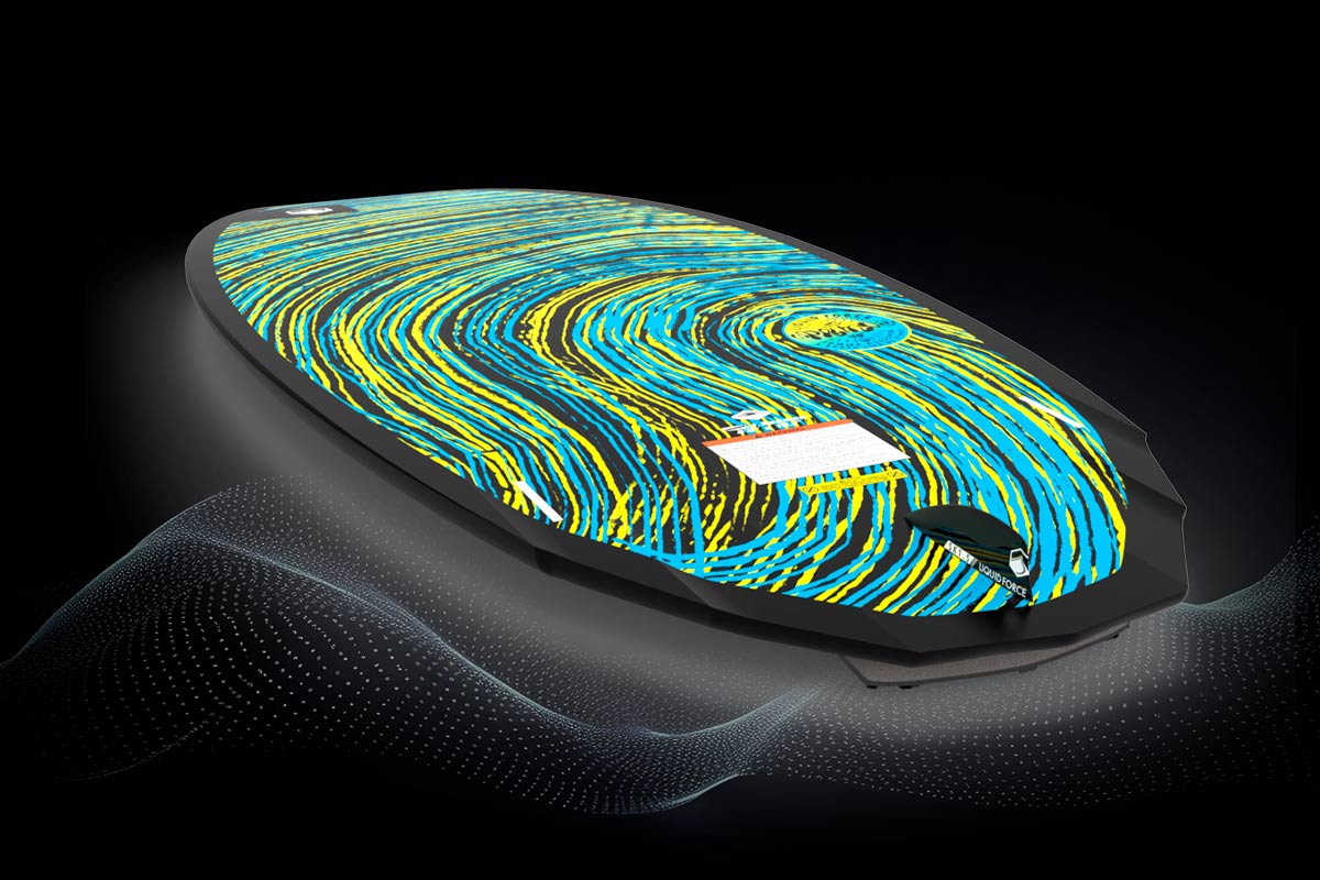 Top view of Primo Jr. Wakesurf Board with black, blue, and yellow swirl graphic.