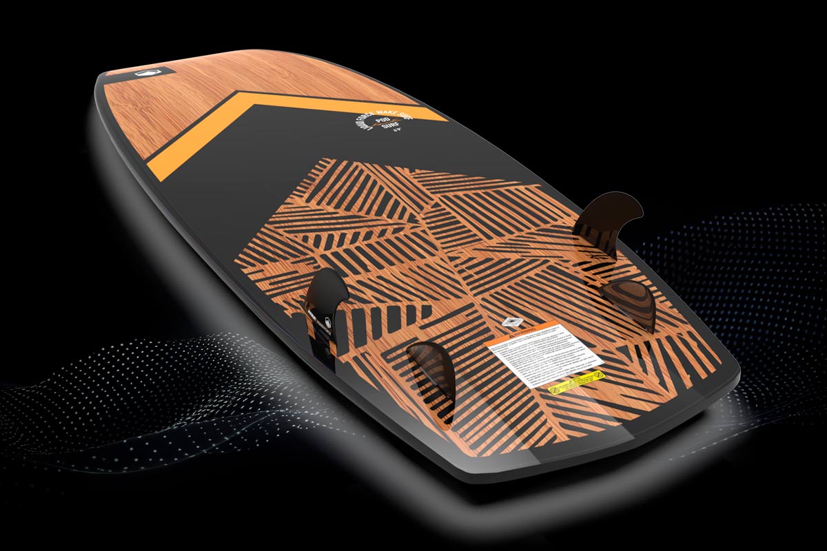 Angled view of Pod Wakesurf Board with woodgrain and black geometric pattern.