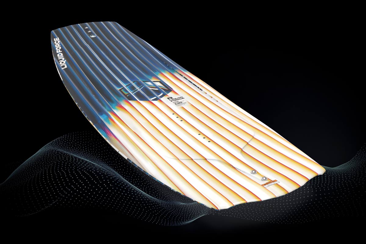 Half blue, half white wakeboard with a rainbow tie-dye style merge of the colors into a Liquid Force logo on a black background. 