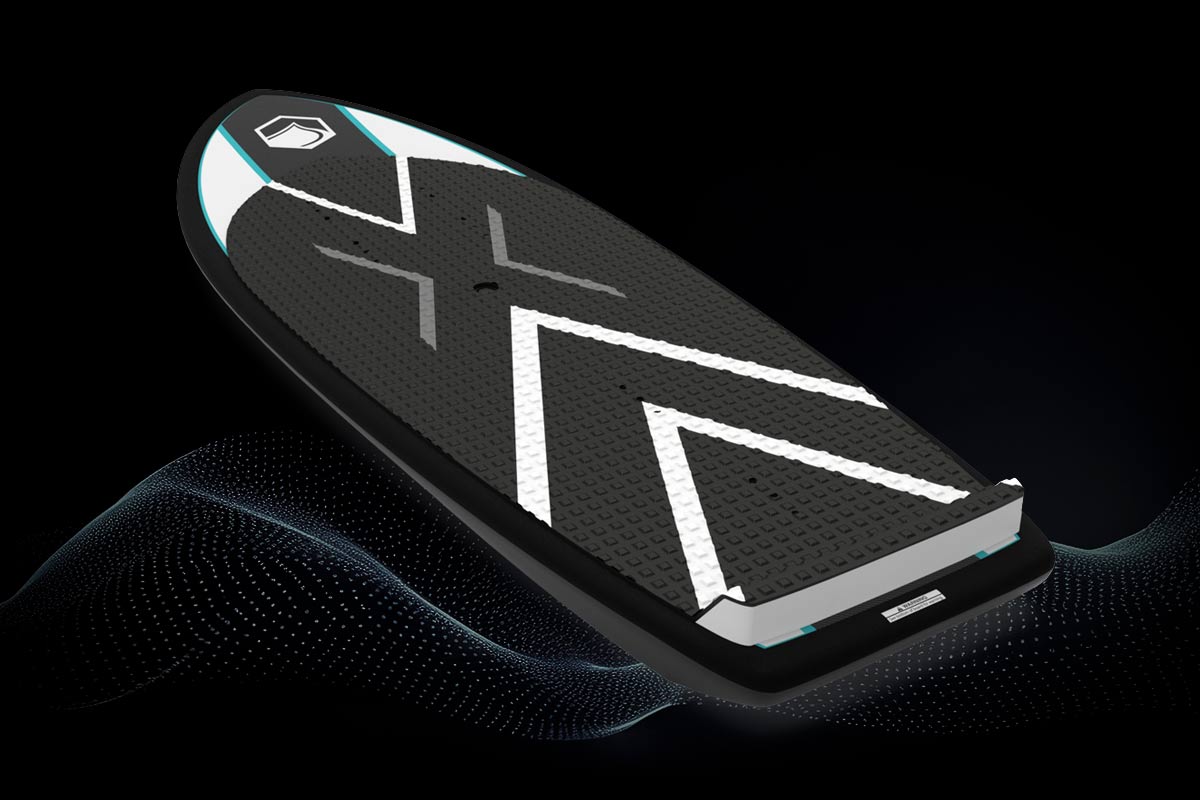 Top view of a wake foil board that has a black and white foam top on the entire surface to help with grip while riding.