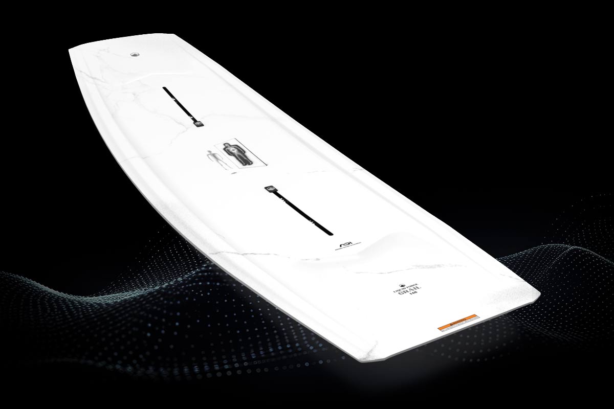 All white wakeboard with slight granite style grey markings and a small image of a full body x-ray in the middle logo.