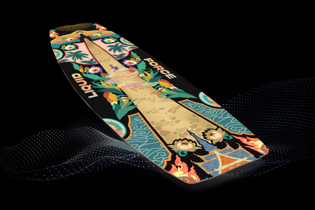 Colorful wakeboard deck with intricate floral designs on a black background.