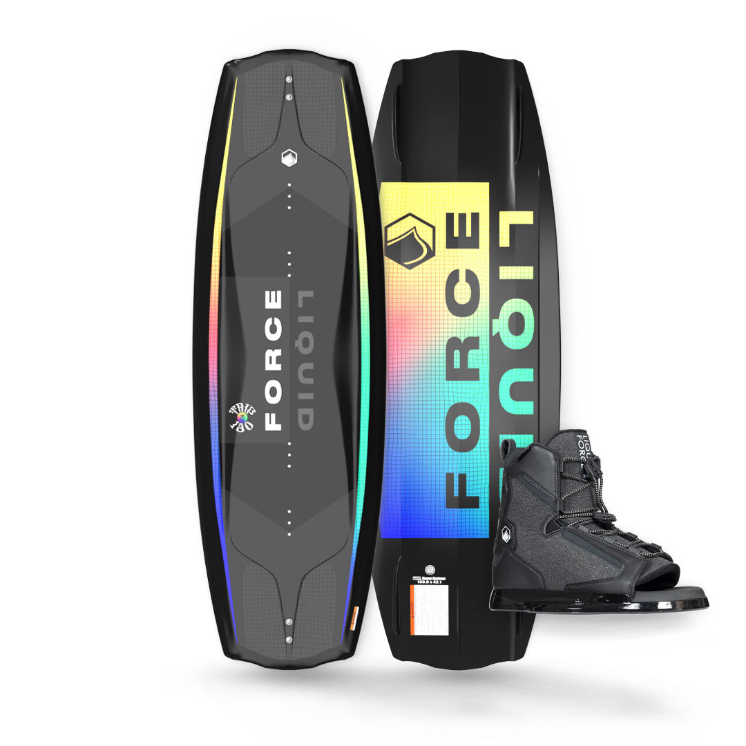 Top and base view of the Trip 130 in black with neon gradient accents w/ Index 6R bindings in black.