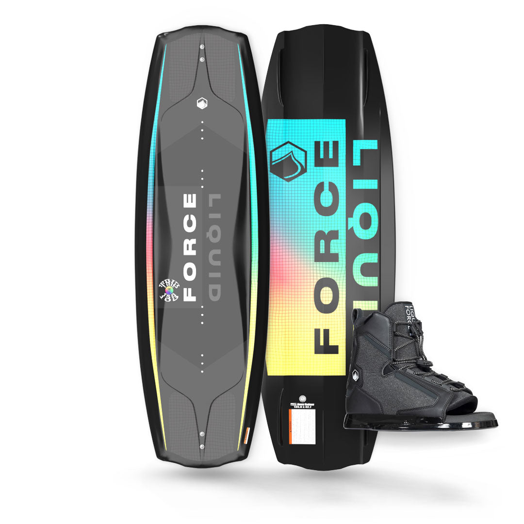 Top and base view of the Trip 135 in black with neon gradient accents w/ Index 6R bindings in black.