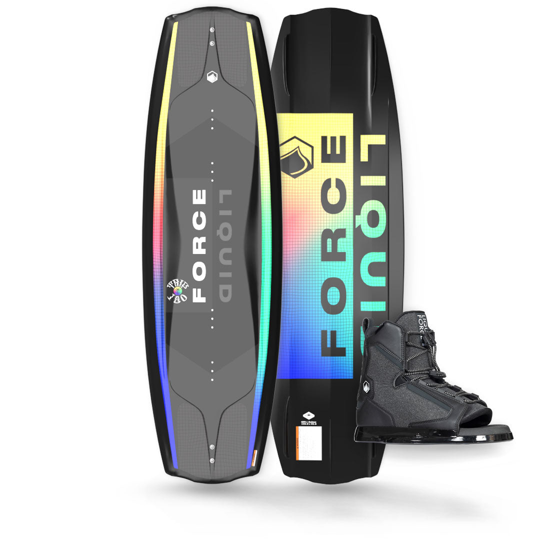 Top and base view of the Trip 150 in black with neon gradient accents w/ Index 6R bindings in black.