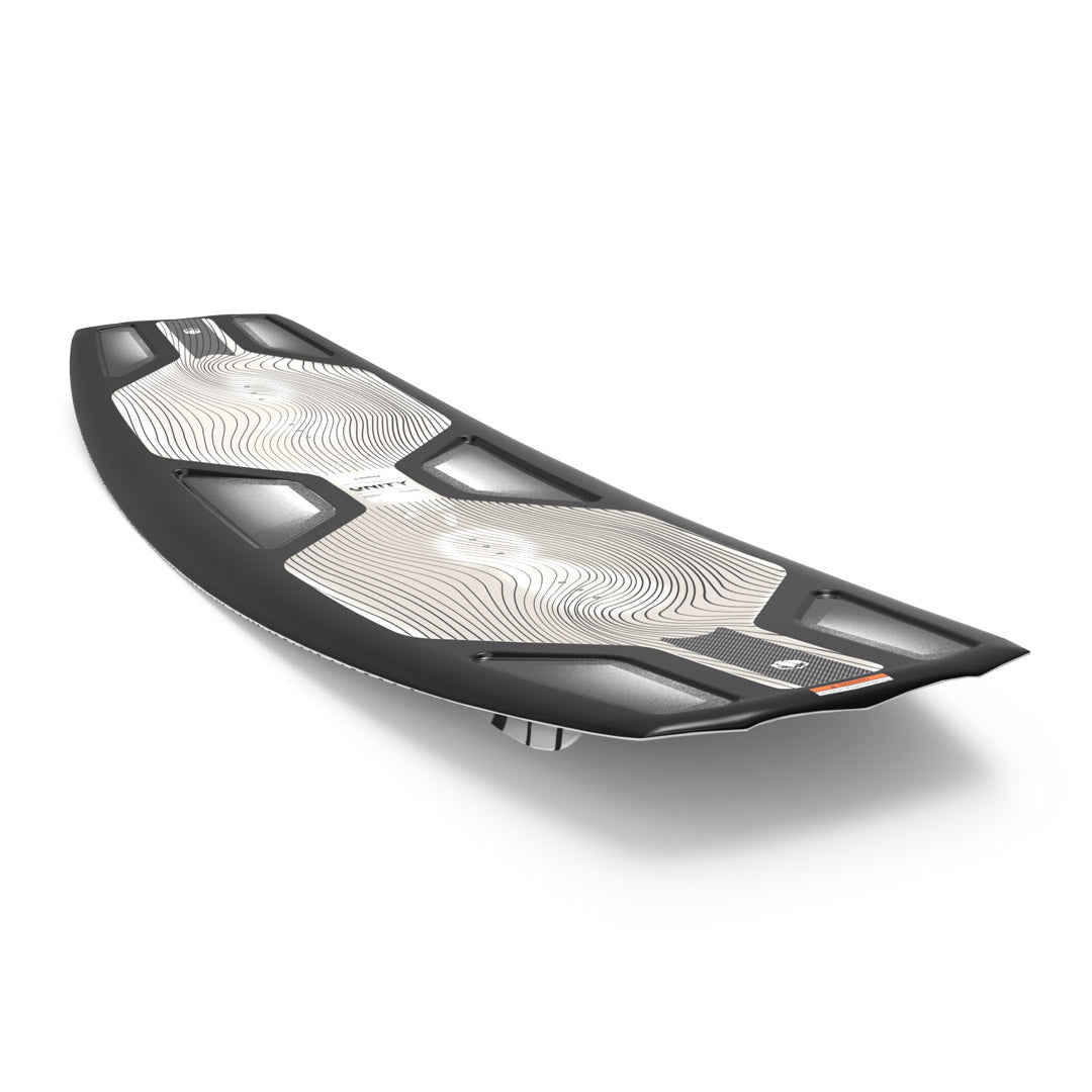 Front angled view of 24 Unity AERO black/silver multi-layered curved wakeboard.