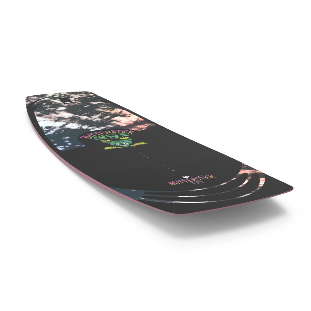 Front angled view of 24 Buttersticks deck features an artistic graphic and logo on the side view.