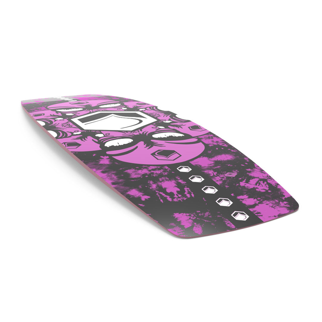 Bottom angled view of 24 Butterstick wakeboard in pink and black with geometric designs and textured patterns.