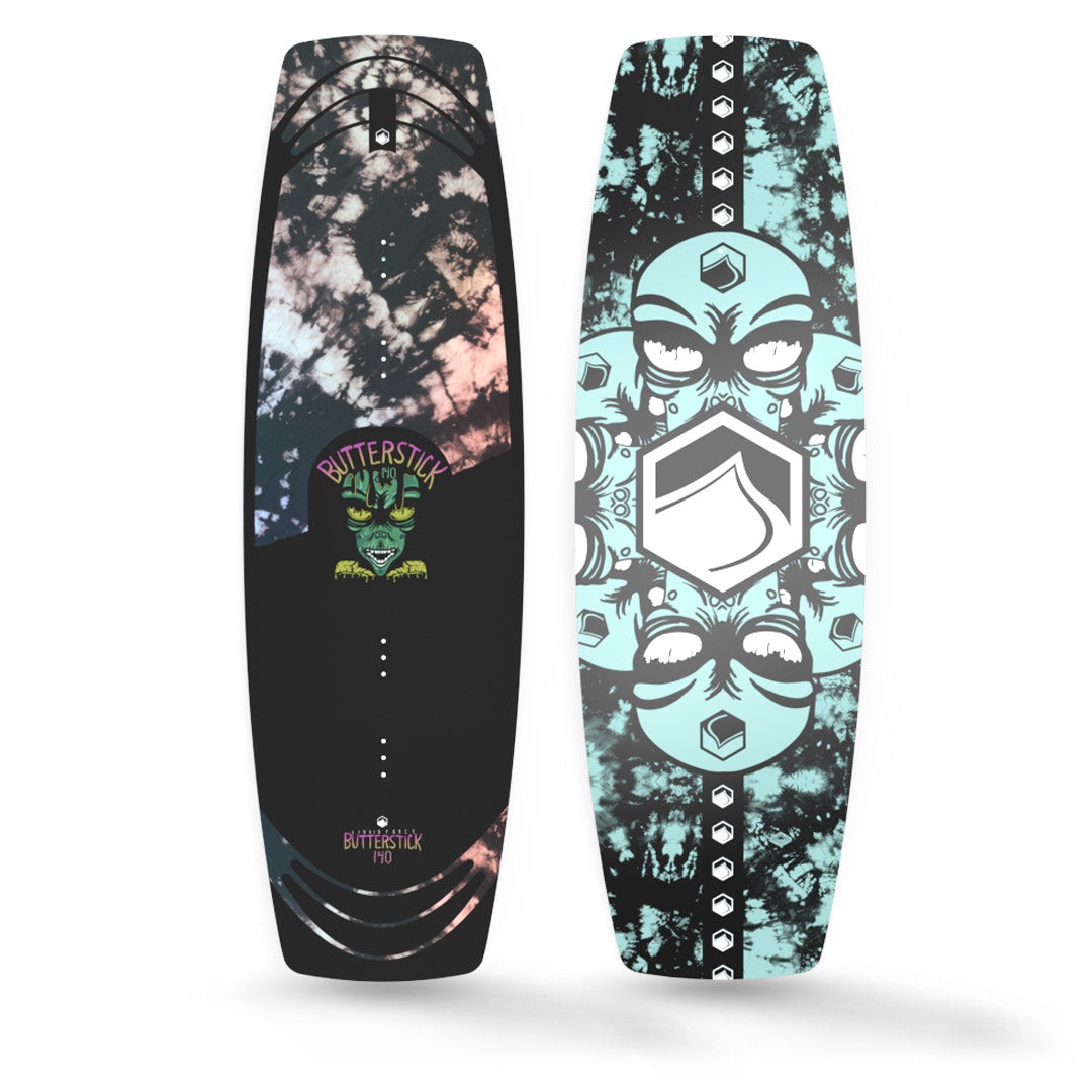 Top and Bottom View of vibrant 24 Butterstick wakeboard featuring striking abstract designs.