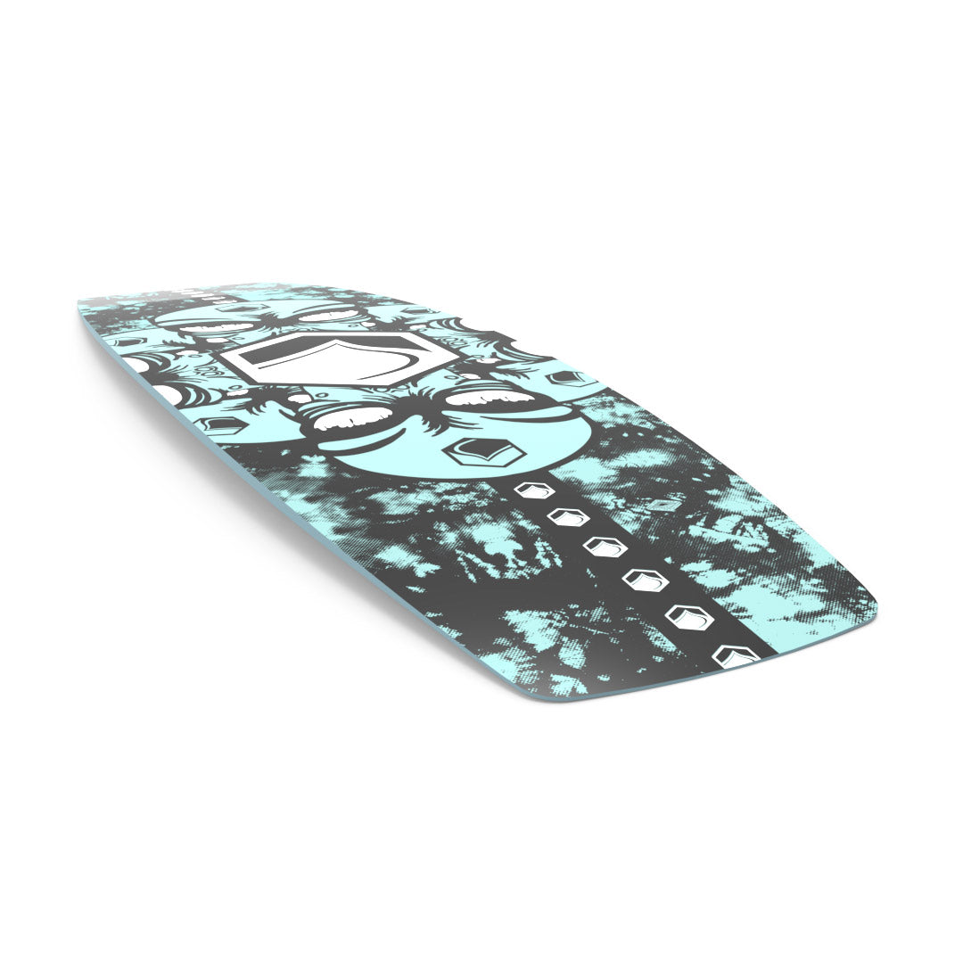 Bottom angled view of 24 Butterstick: Turquoise wakeboard with abstract design &amp; central geometric pattern.