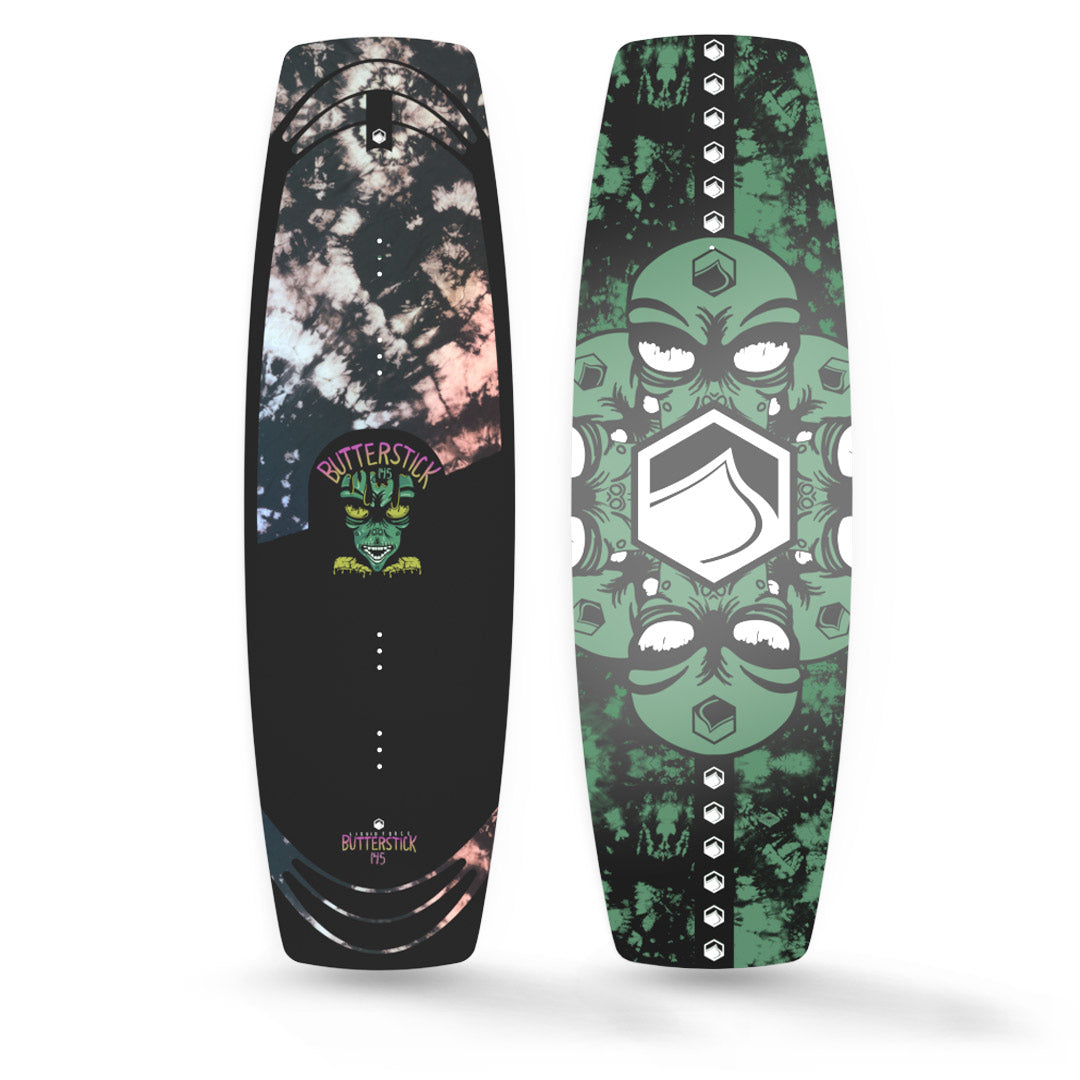 Top and bottom view of colorful 24 Butterstick wakeboard with abstract designs.
