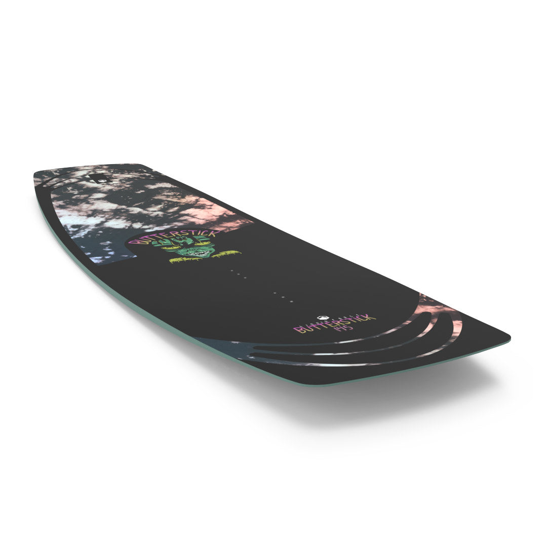 Front angled view of 24 Butterstick: black wakeboard with colorful graphics and Silverback text on white.