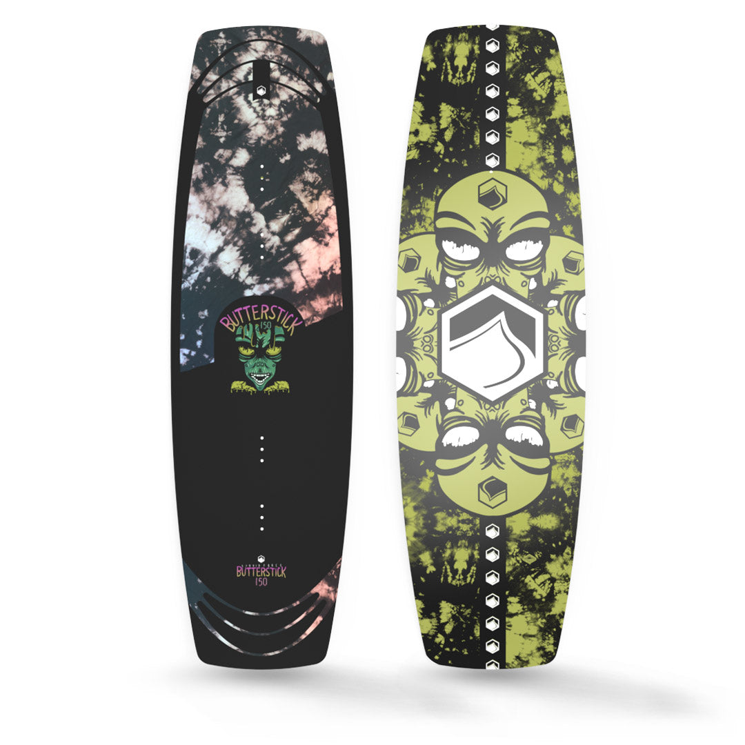 Top and bottom view of 24 Butterstick wakeboard with intricate graphic design with elements of greens and black and liquid force branding.