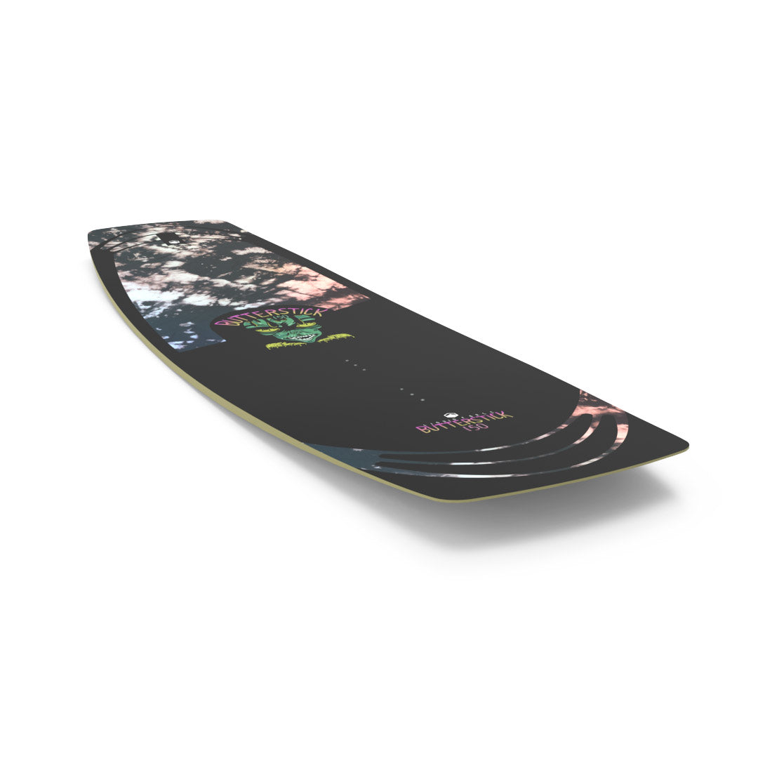 Front angled view of 24 Butterstick: Black deck, colorful graphics, white background—ideal for wakeboarding thrills.