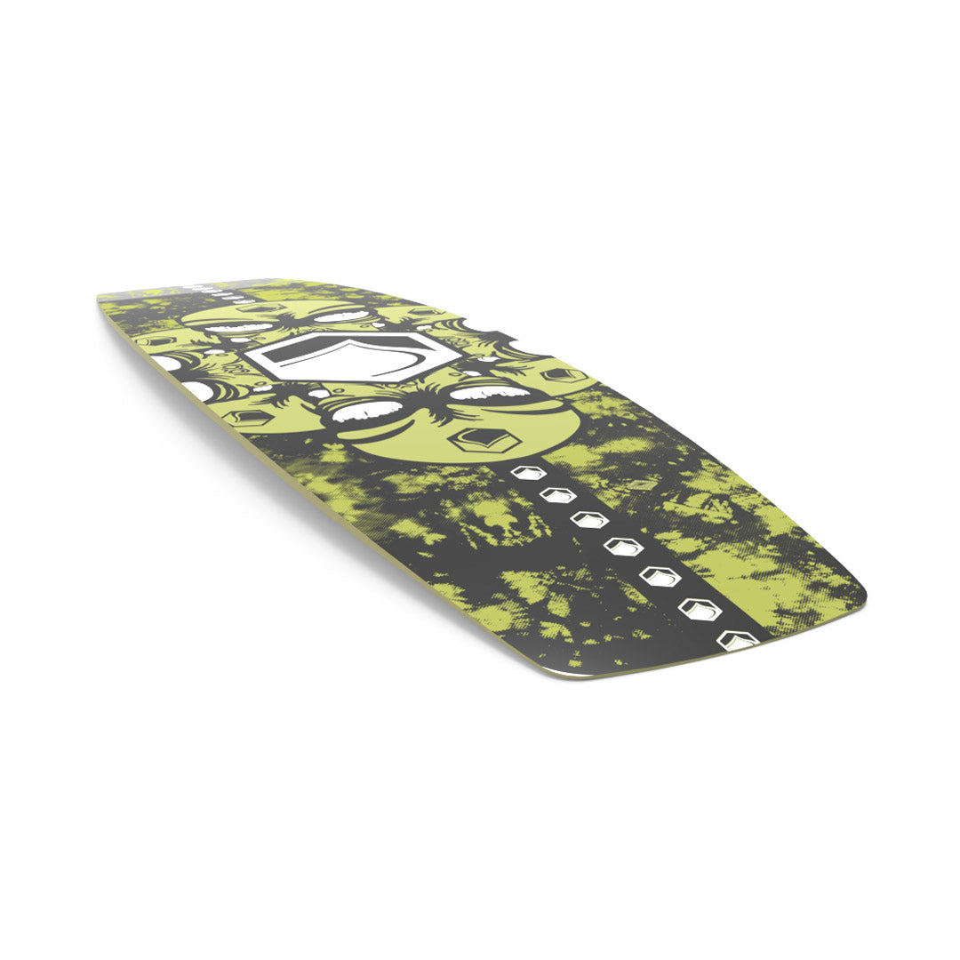 Bottom angled view of 24 Butterstick wakeboard in yellow and black with graphics on a white background.