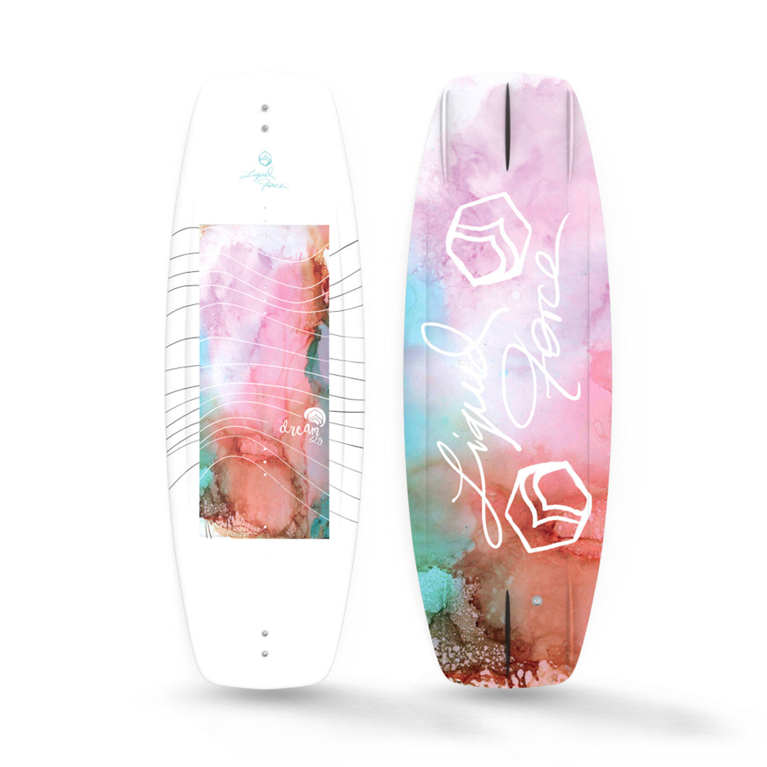 Top and Bottom View of 24 Dream wakeboards with vibrant abstract designs.