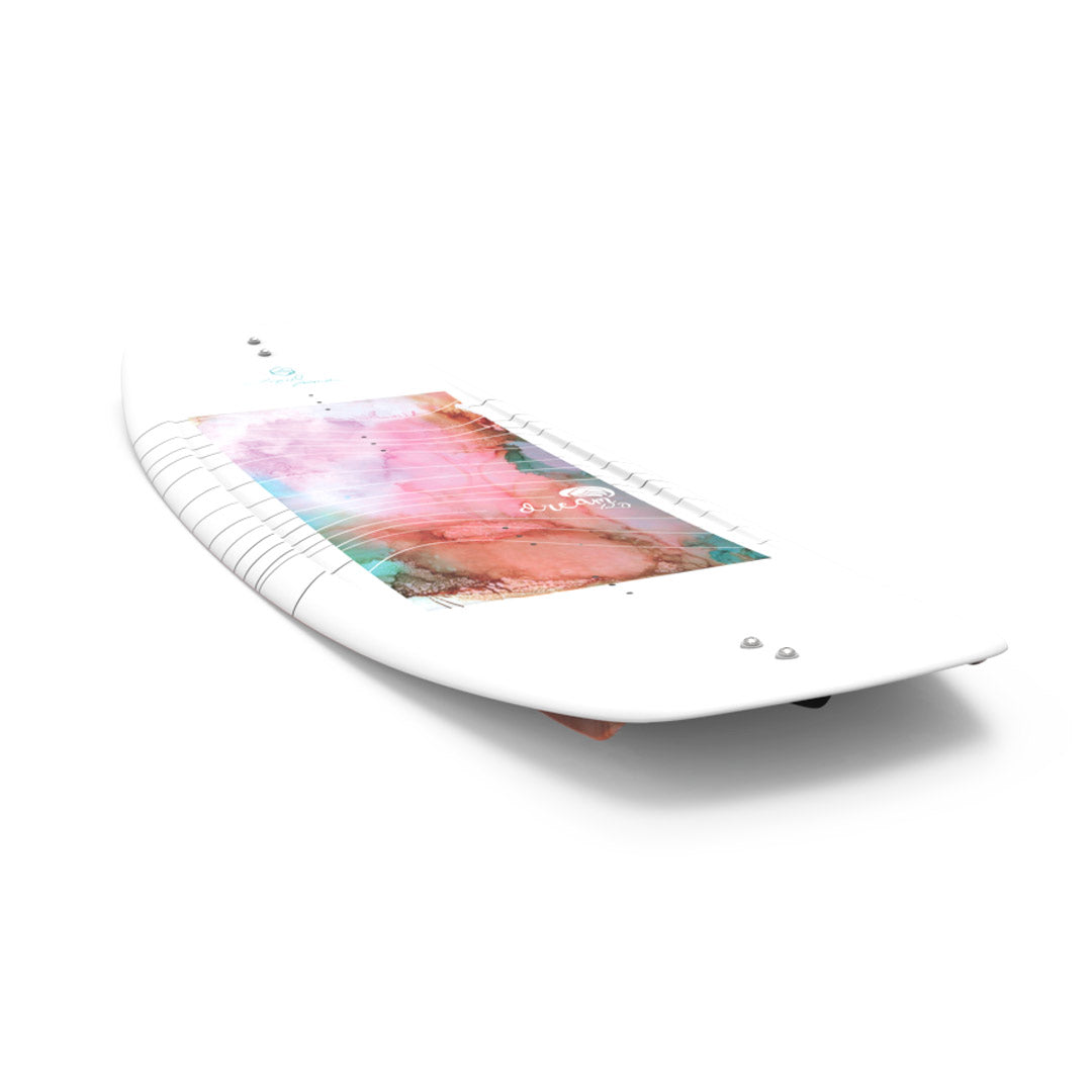 Front angled view of 24 Dream wakeboard: white, curved with colorful pink and teal top design.