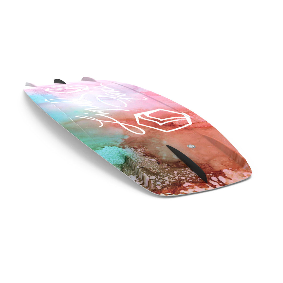 Bottom angled view of 24 Dream wakeboard featuring an abstract design and logos on a white background.