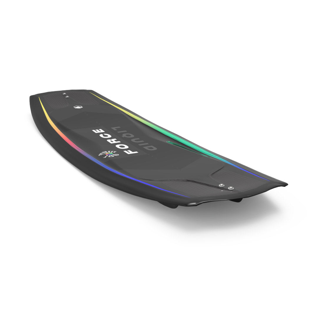 Top and Bottom View of vibrant 24 Trip Liquid Force wakeboards with rainbow accents and bold logos.