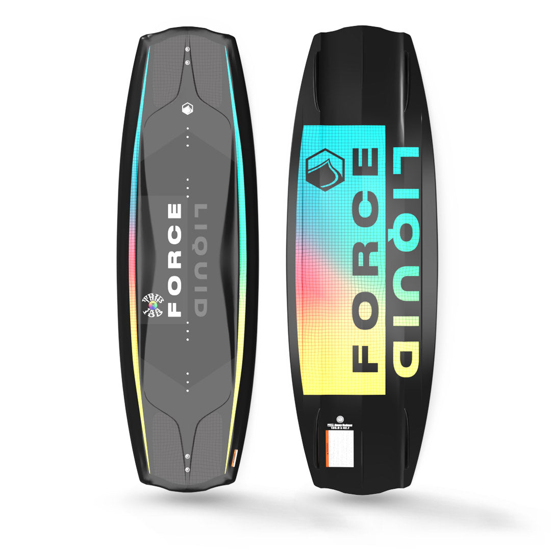 Top and Bottom View of 24 Trip wakeboard displayed upright and flat.