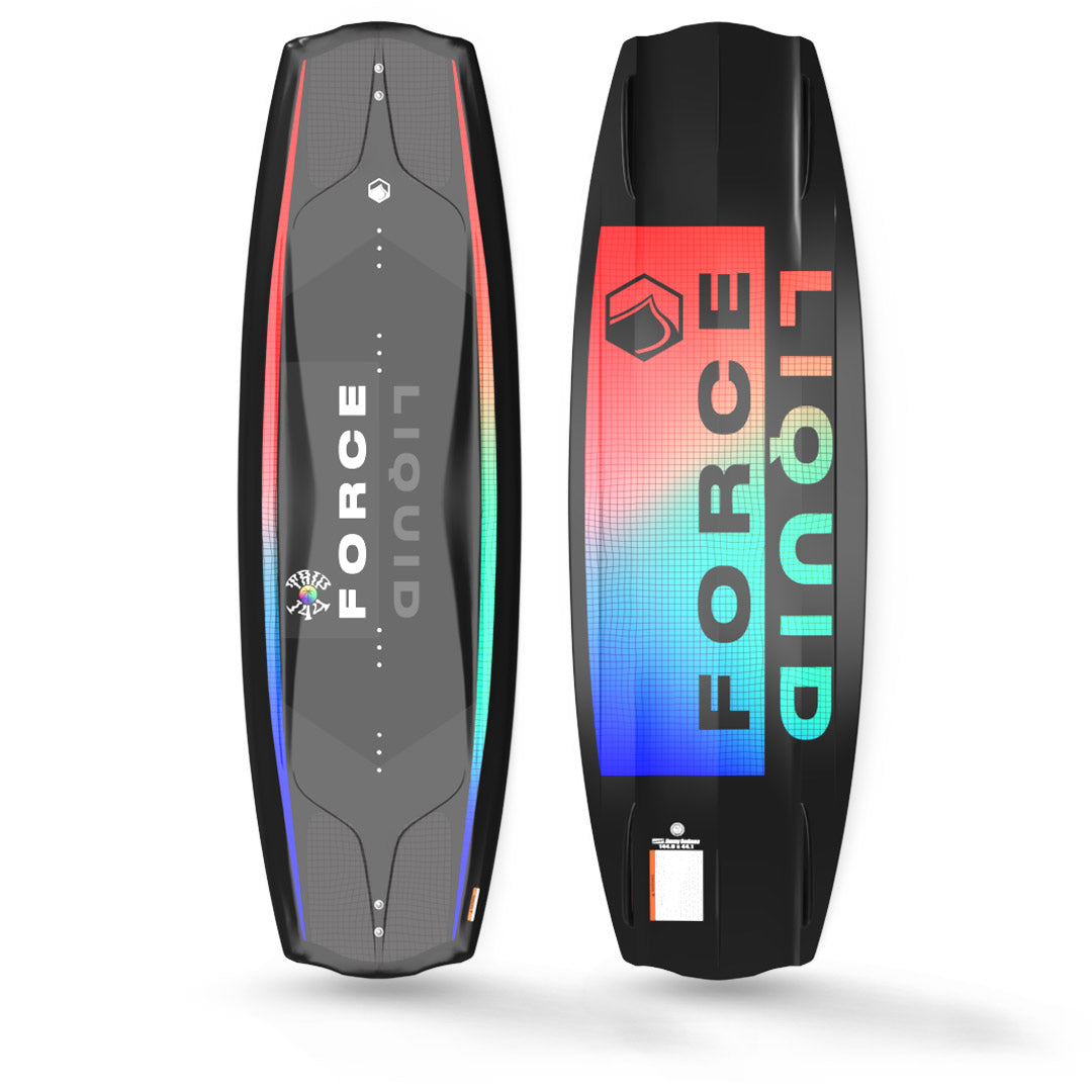 Top and bottom view of 24 Trip Wakeboard from Liquid Force with vibrant blue, black, and red designs.
