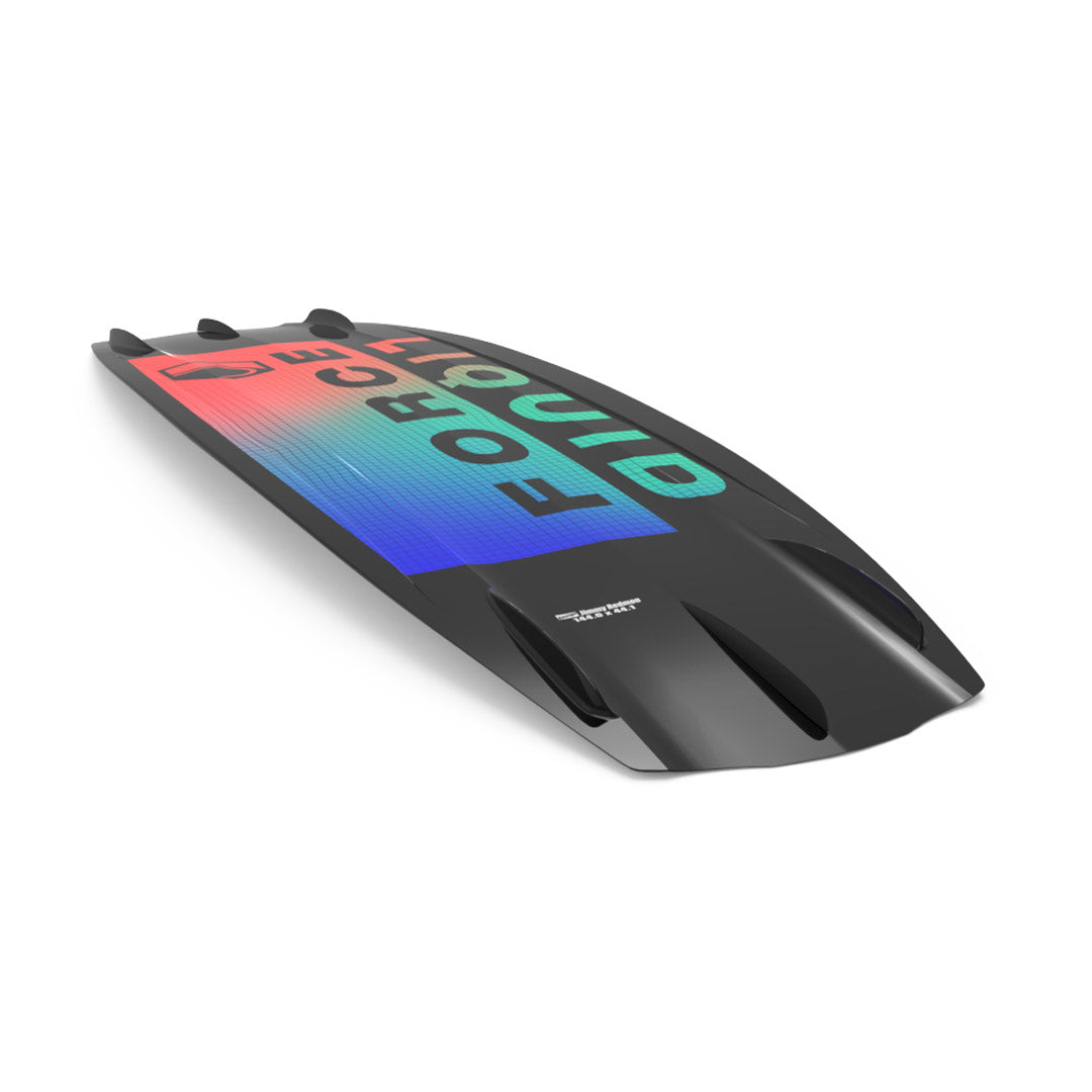 Bottom angled view of 24 Trip: Black wakeboard with FORCE OF NATURE and a colorful gradient design.