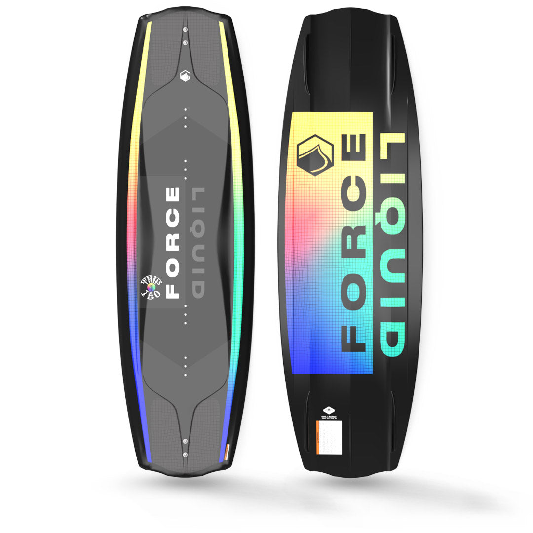 Top and bottom view of 24 Trip wakeboard in vibrant rainbow and black, branded with FORCE and LIQUID.