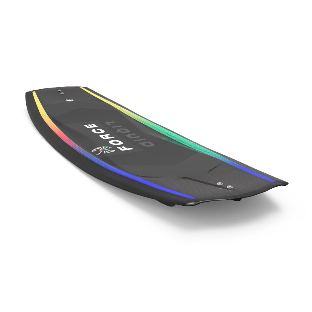 Front angled view of 24 Trip wakeboard features a colorful, sleek, modern design on a white background.