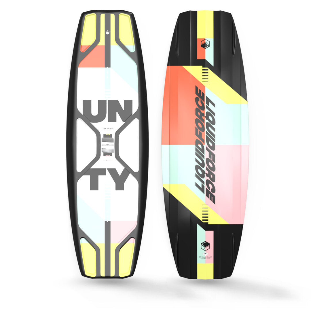 Top and Bottom View of colorful wakeboards featuring 24 Unity and LIQUID FORCE in bold text.