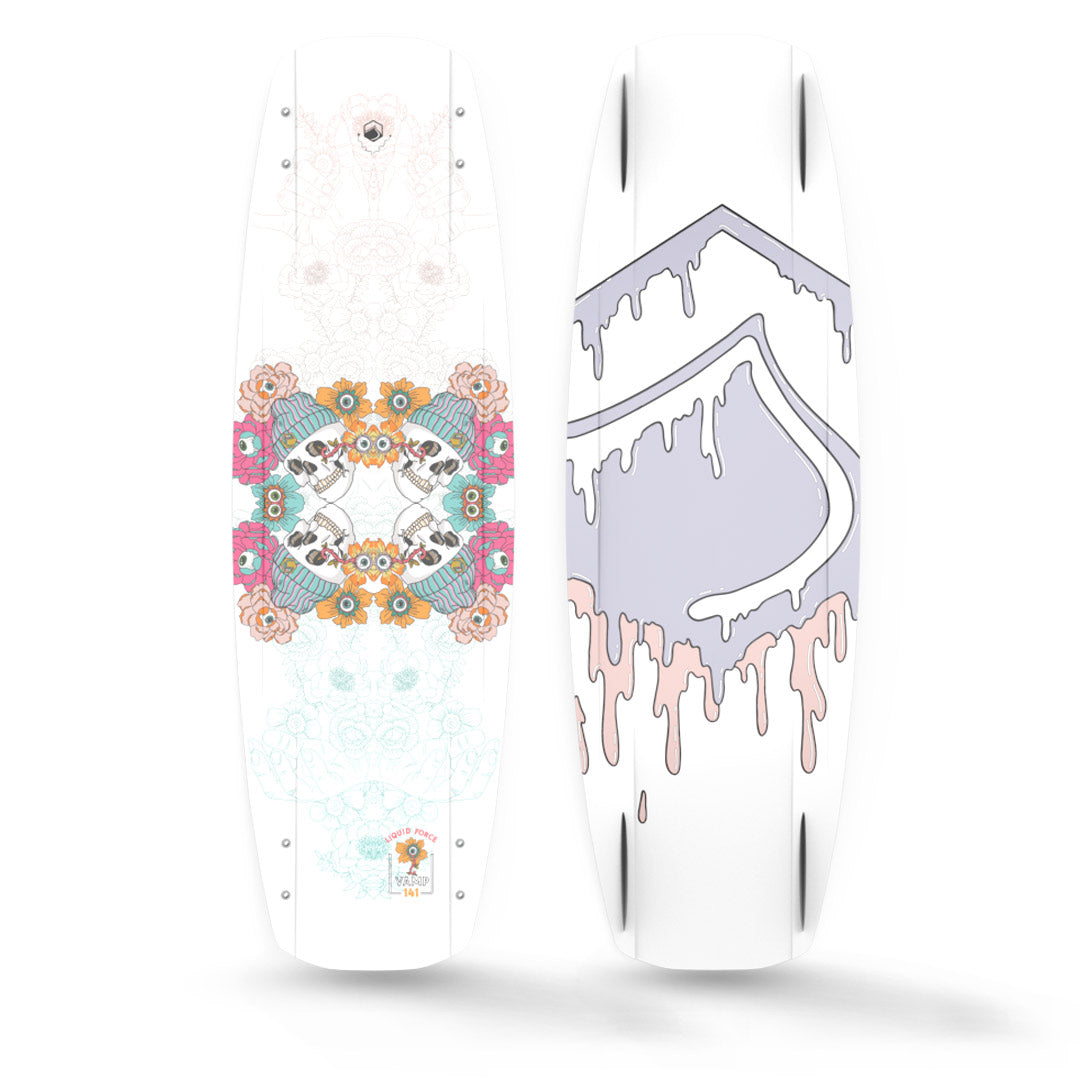 Top and Bottom View of 24 Vamp wakeboards feature floral and abstract drippy paint designs.