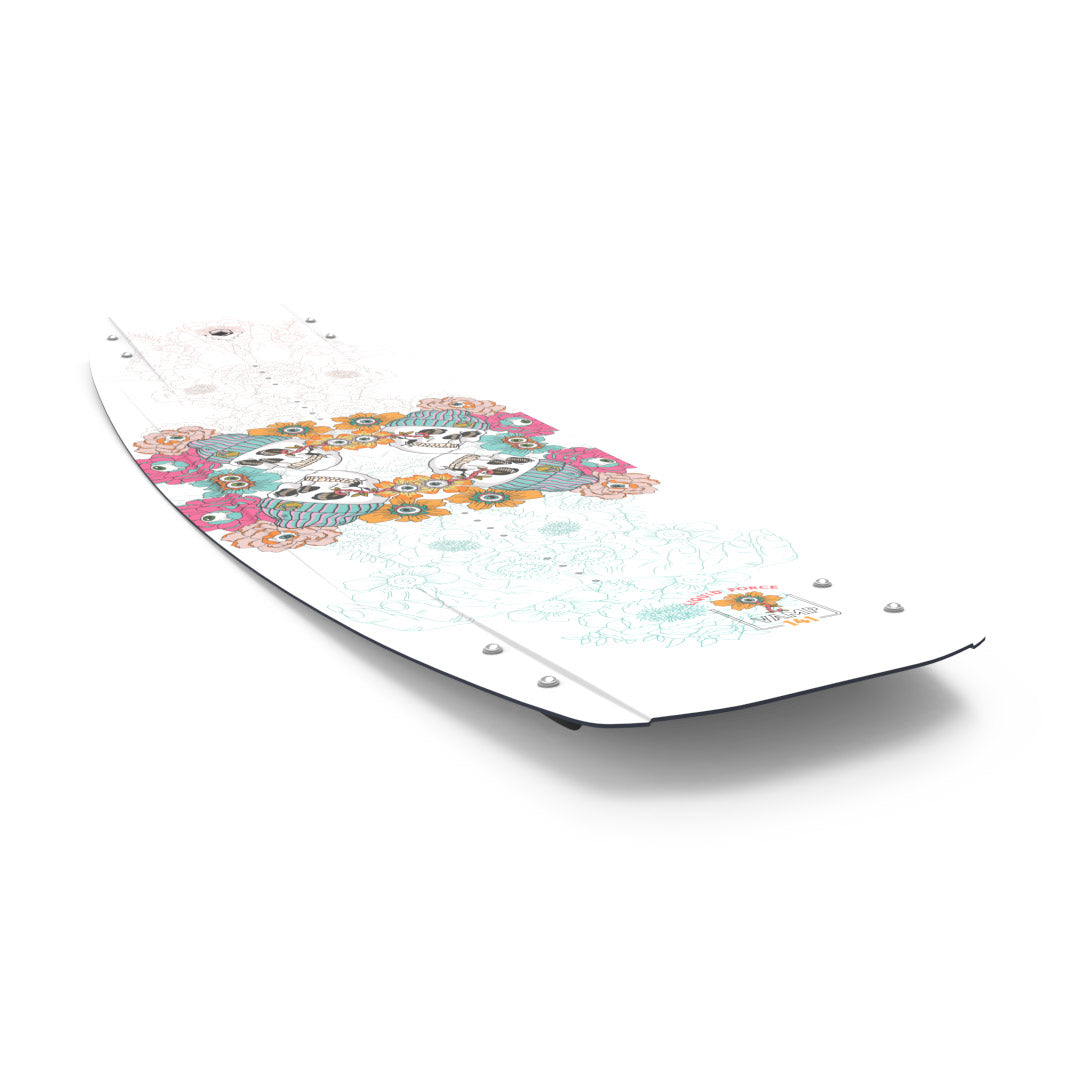 Front angled view of 24 Vamp wakeboard features colorful floral and bird designs.