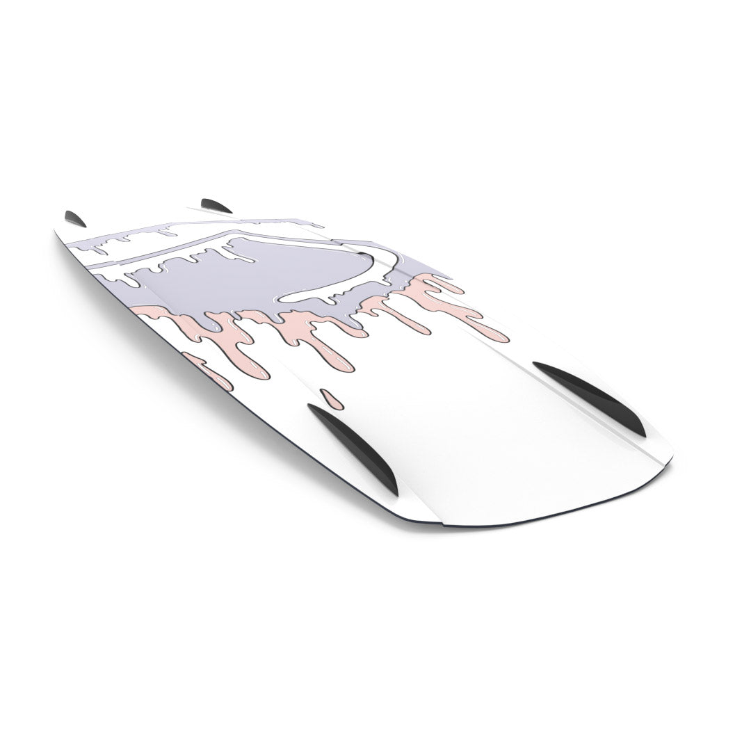 Bottom angled view of 24 Vamp wakeboard features a pink and gray drip design with a sleek white finish.