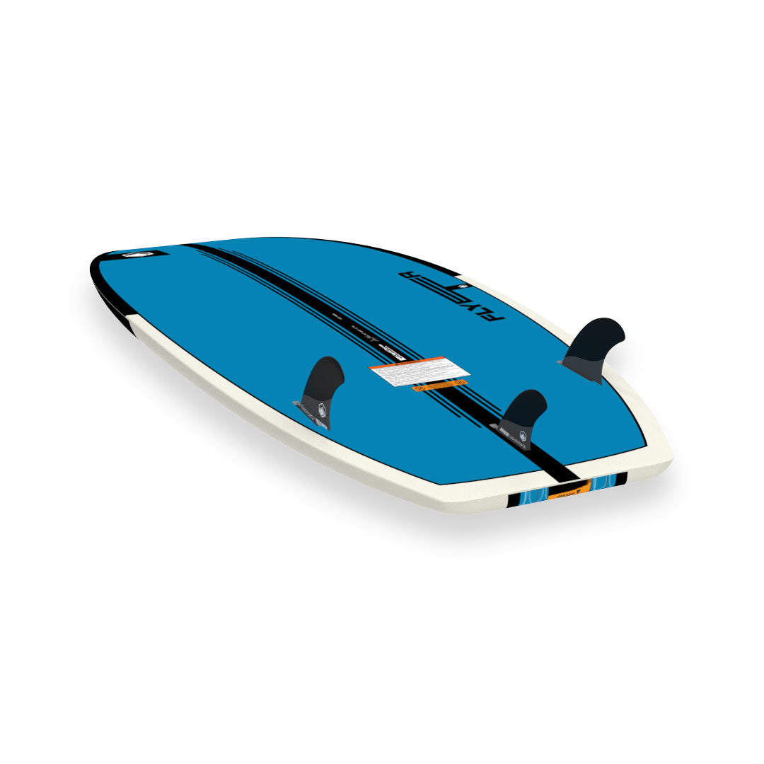 Bottom angled view of 24 Flyer: Blue/white wakesurfer with black fins on white background.