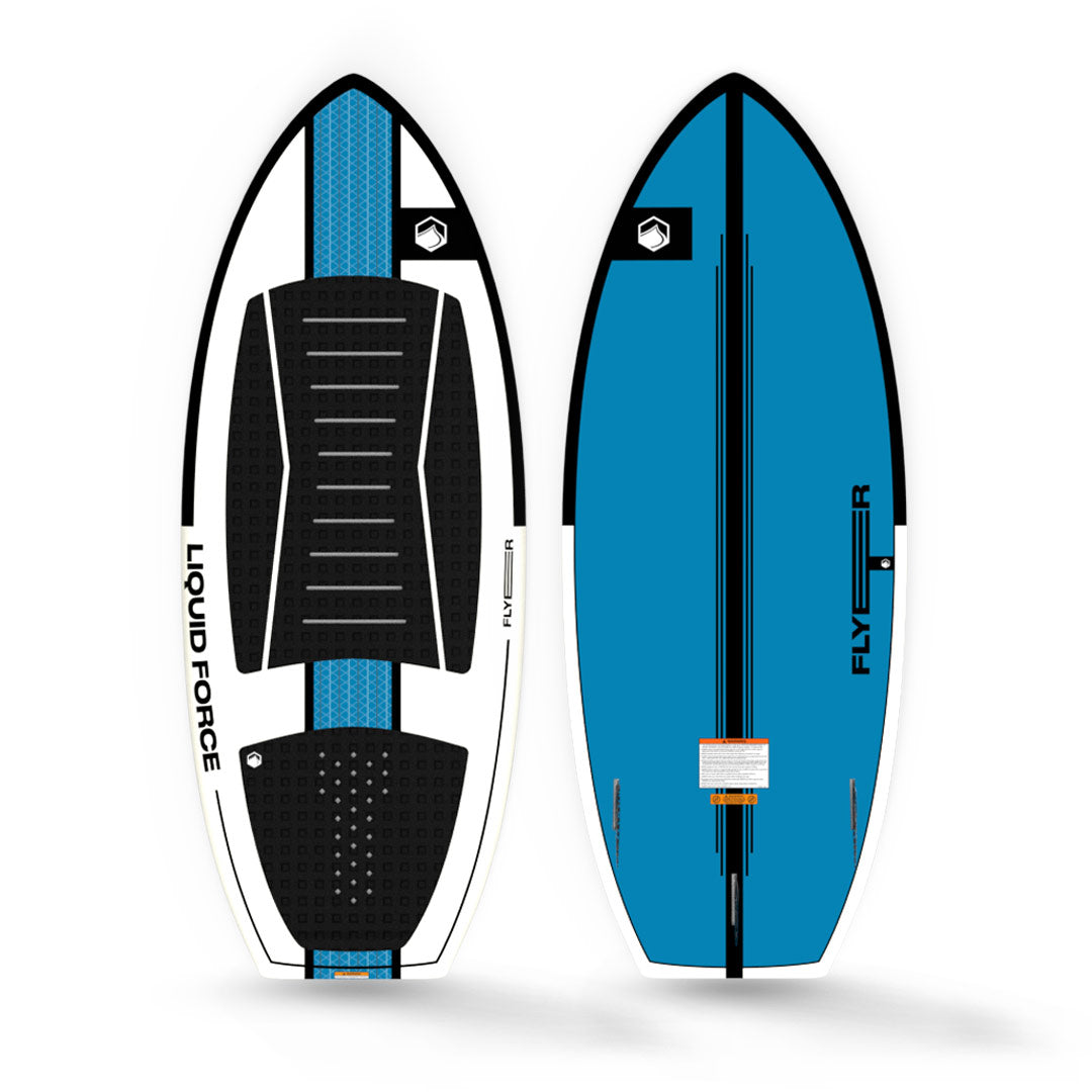 Top and bottom view of blue and white 24 Flyer wakesurfer with black accents and Liquid Force branding.
