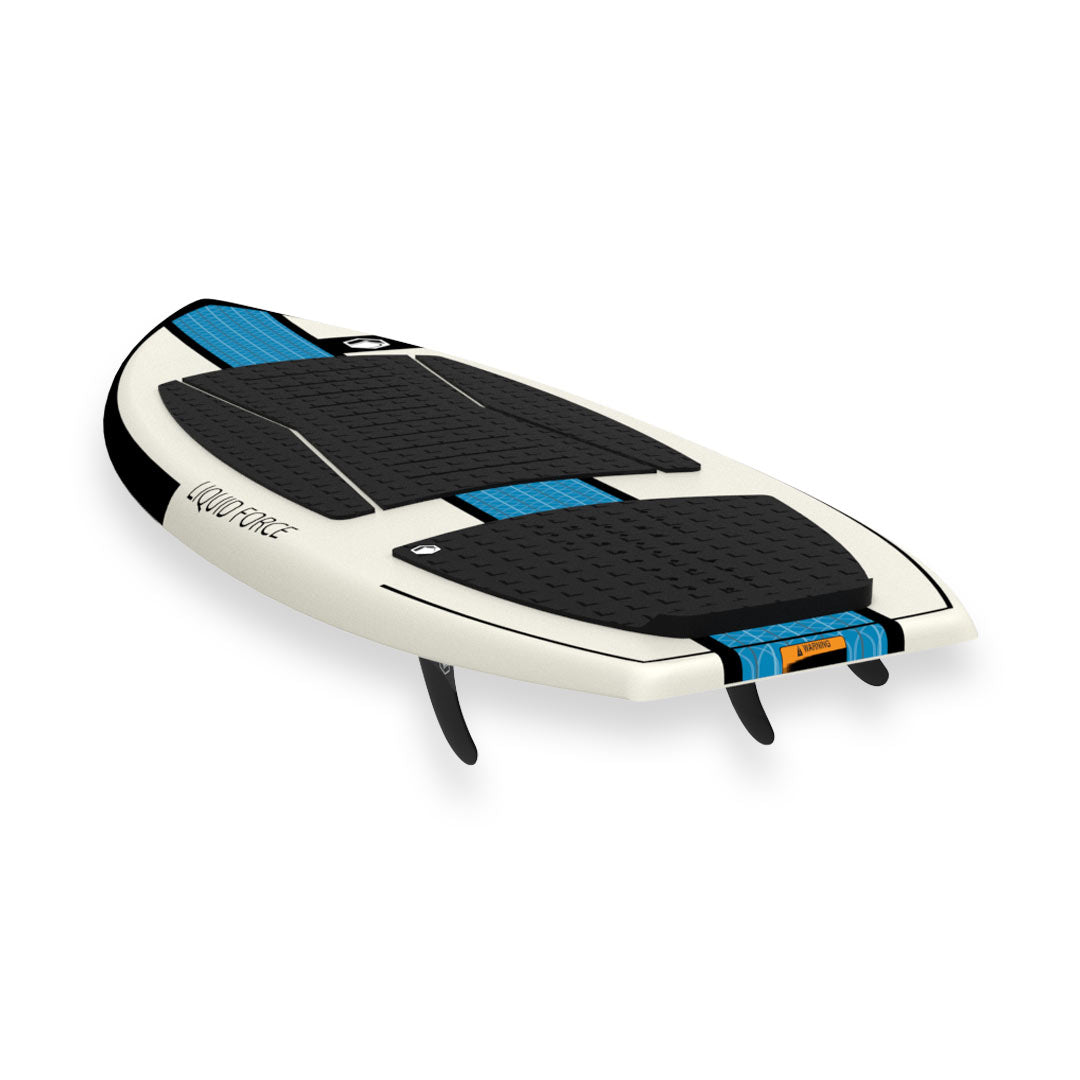 Top angled view of 24 Flyer: White/blue wakesurf board, 3 fins, black foot pads on a white background.