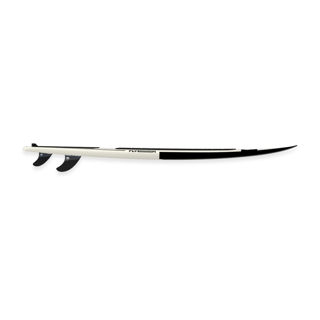 Side view of a 24 Flyer wakesurf board with three fins on a white background. Showcasing boards curved surf-style profile.