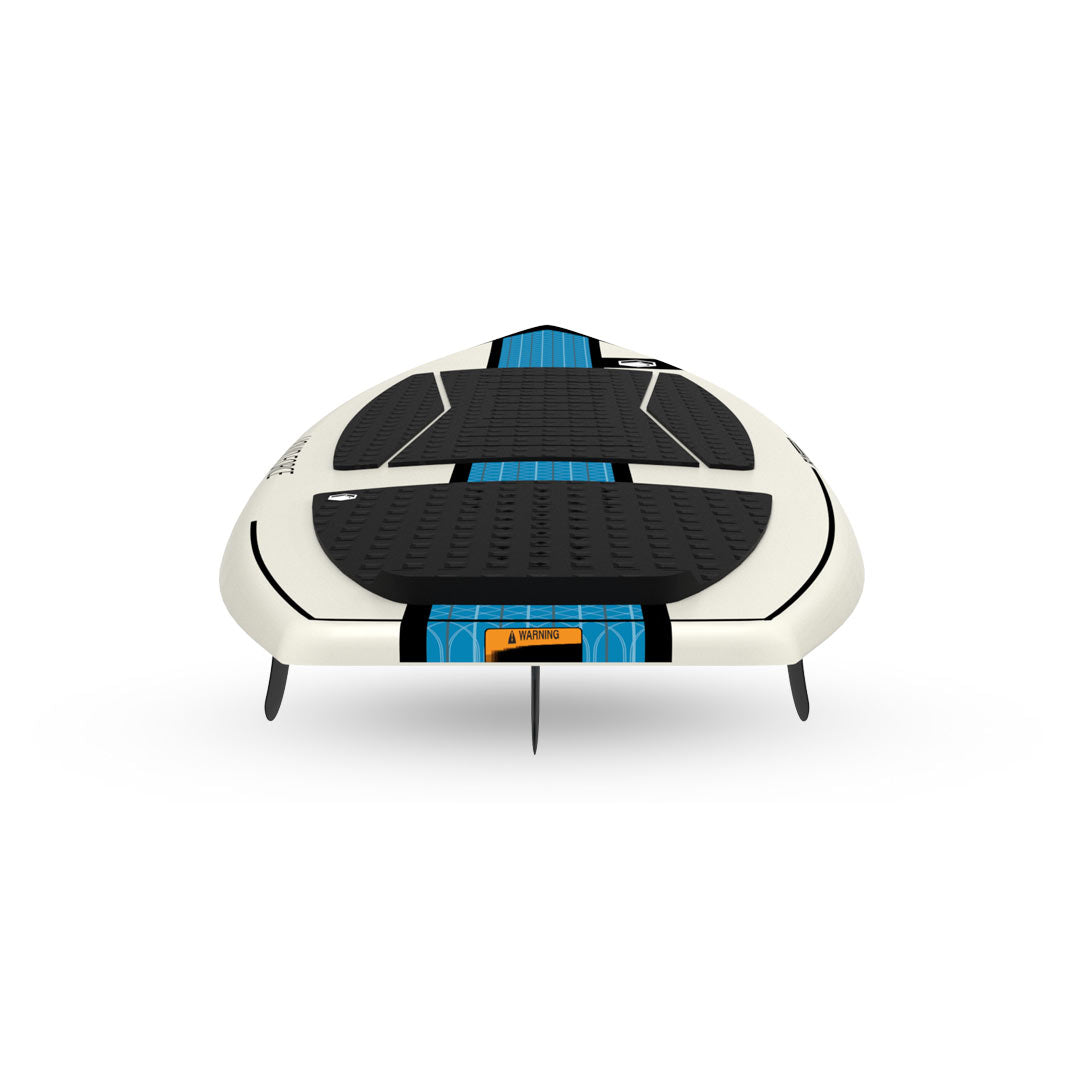 Top rear view of the 24 Flyer wakesurf board with fins and a black and blue deck.
