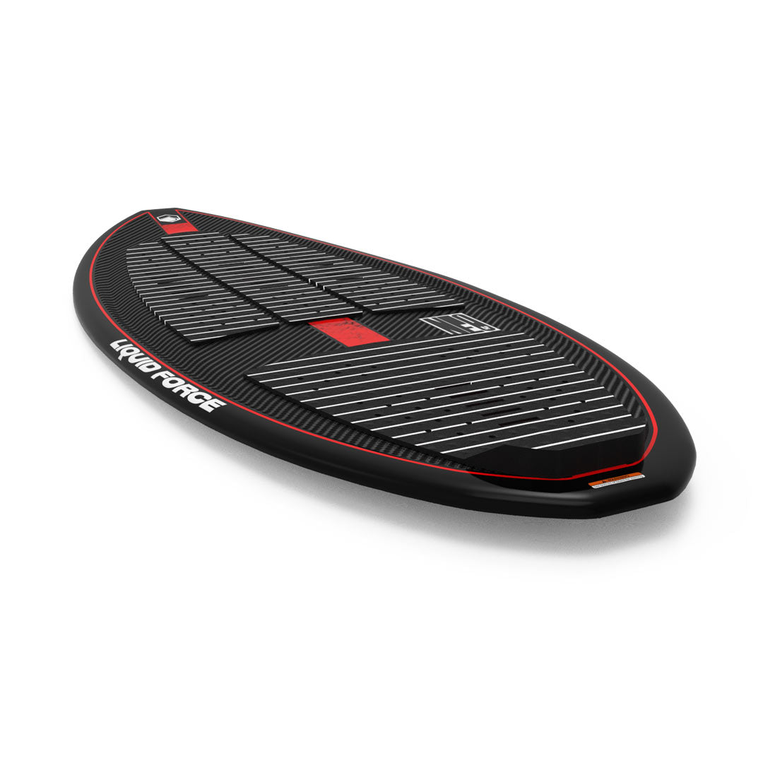 Side top angle view of the Neo 58 wakesurf board with black traction pads and red accents.
