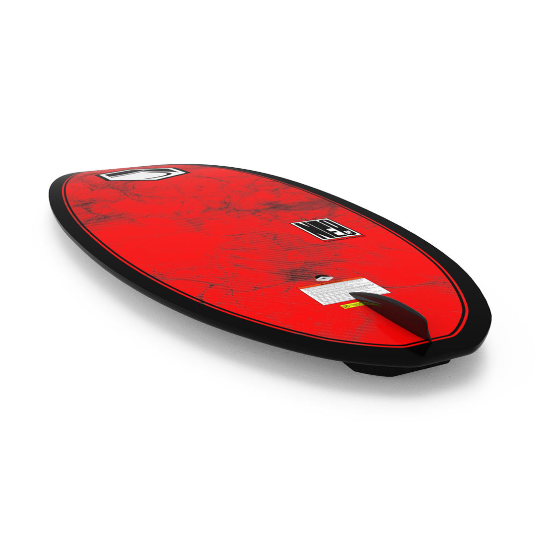 Angled view of the base of the Neo 58 wakesurf board showing it&#39;s bright red design with black accents.