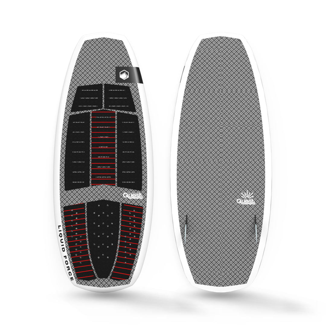 Top and bottom view of 24 Quest wakesurfer with black and red grip patterns on a gray background.