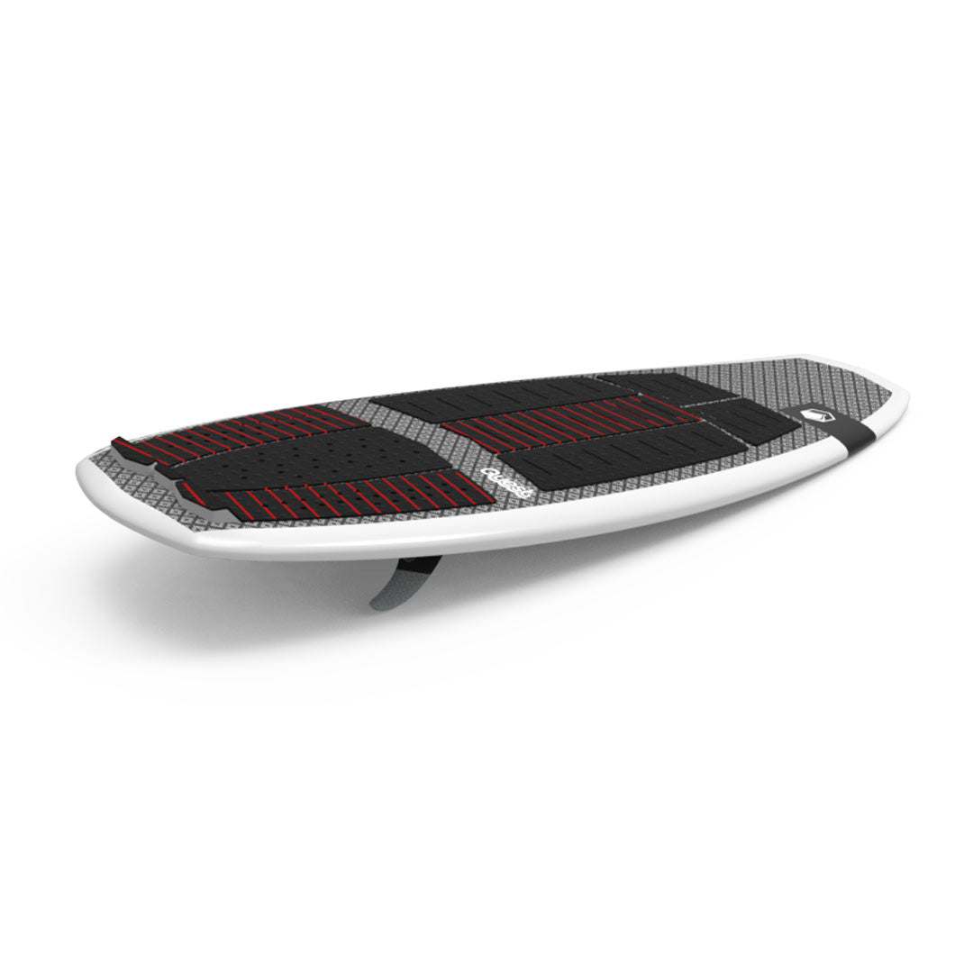 Top angled view of 24 Quest: White and gray wakesurfer with black/red padding and a single fin.