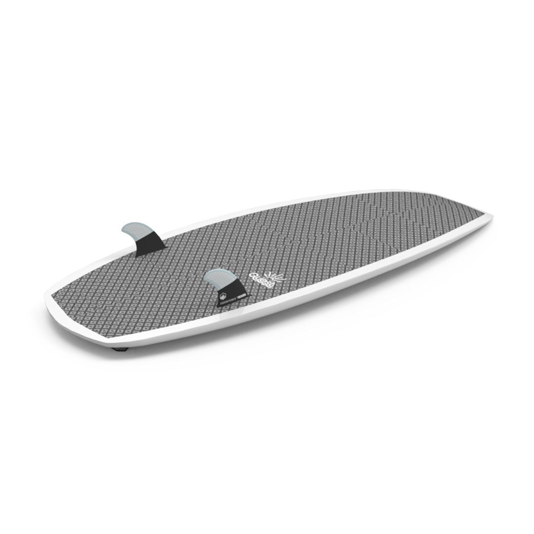 Bottom angled view of 24 Quest wakesurf board, gray &amp; white with foot straps on a white background.