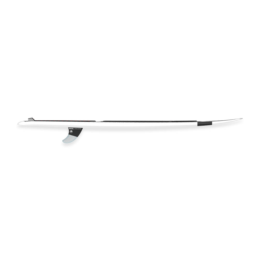 Side view of the 24 Quest, a white wakesurf board with a black fin and detailing curved surf-style profile.