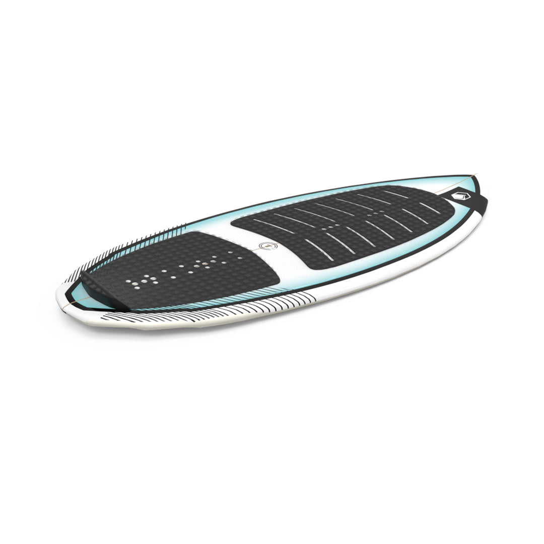 Top angled view of 24 TC Skim wakesurfer with a black grip pad and teal accents.