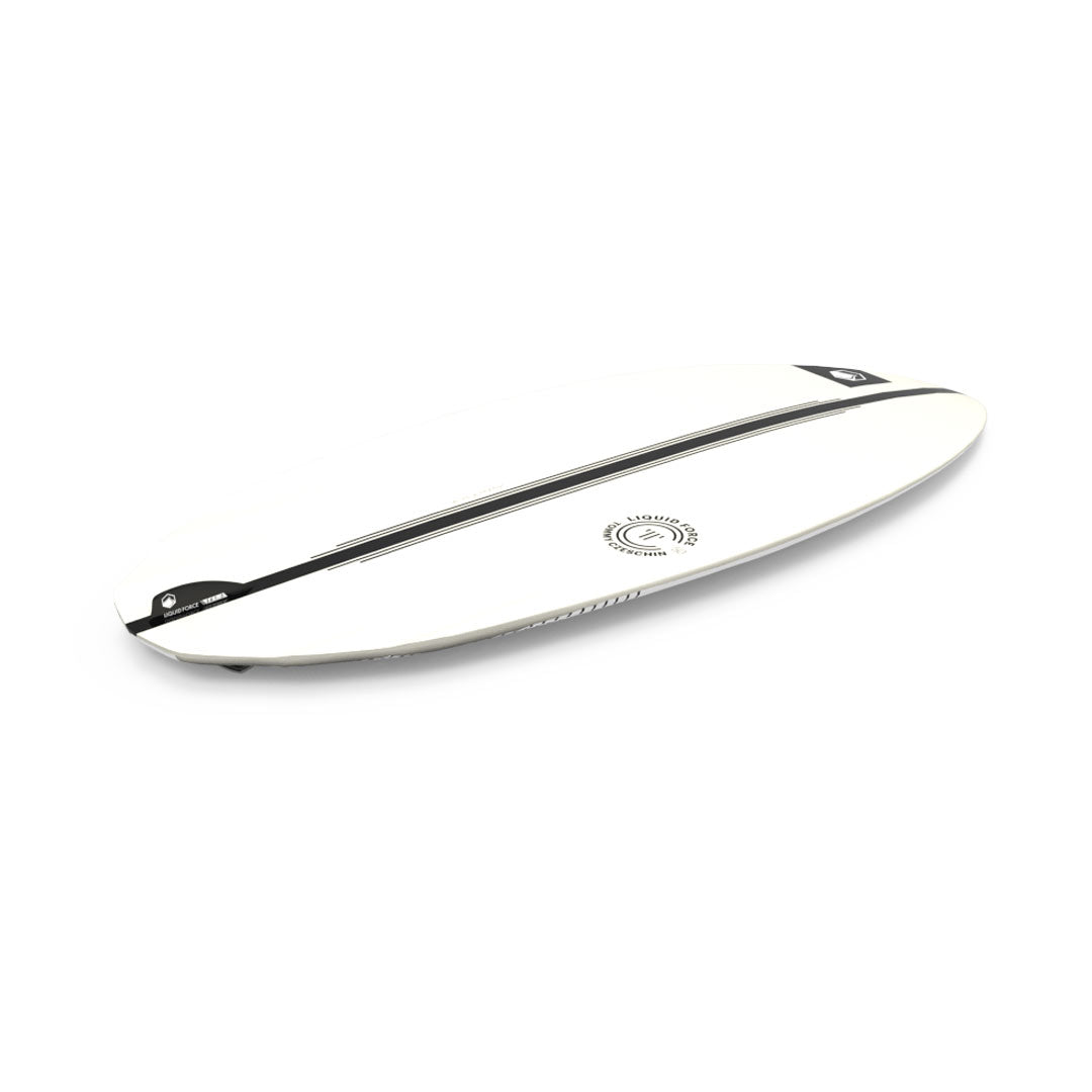 Bottom angled view of 24 TC Skim: White wakesurf board with black stripe and circular logo on white background.