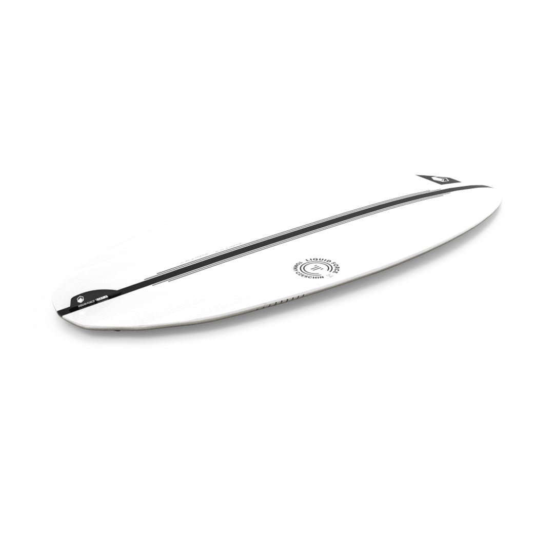 Bottom angled view of 24 TC Skim wakesurf board: white with black stripe and circular logo on plain background.