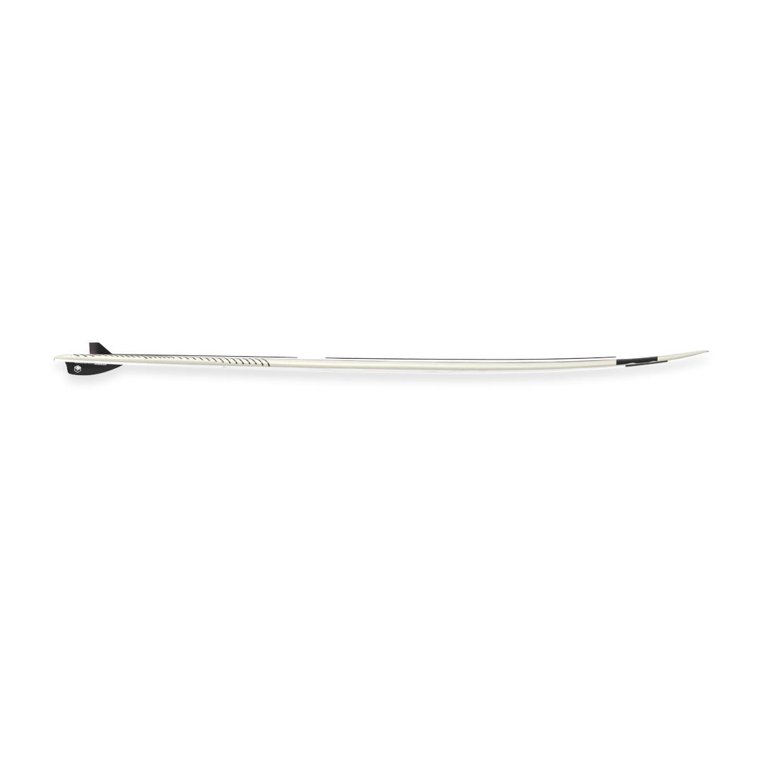 Side view of the 24 TC Skim Wakesurf Board with a black fin highlighting the board&#39;s curved profile.